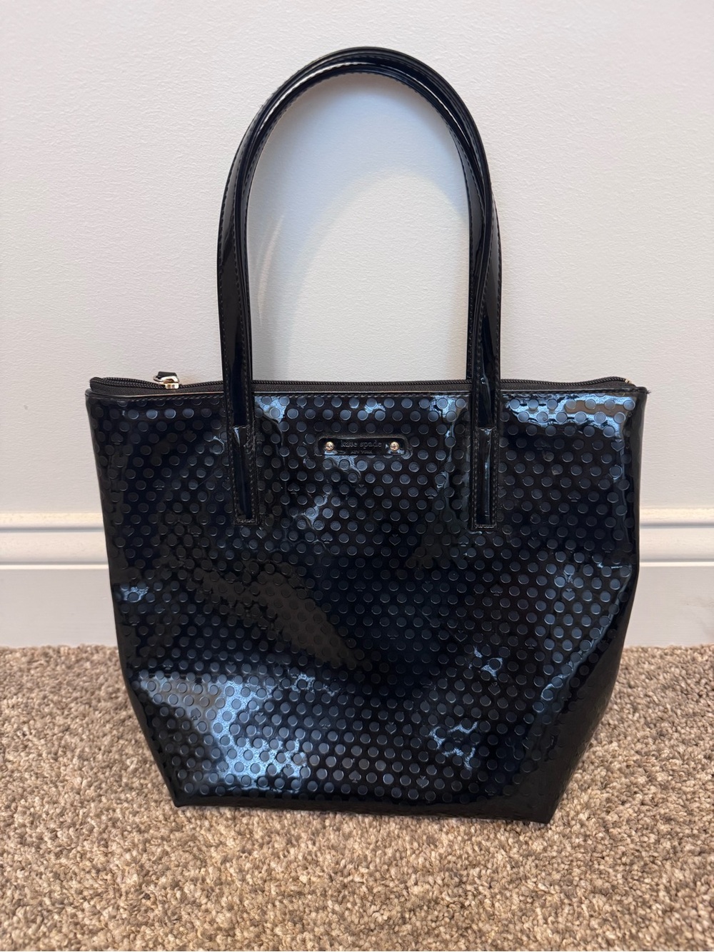 Kate spade Black Polka Dot Patent Tote Bag, medium, zippered, hot pink lined.
